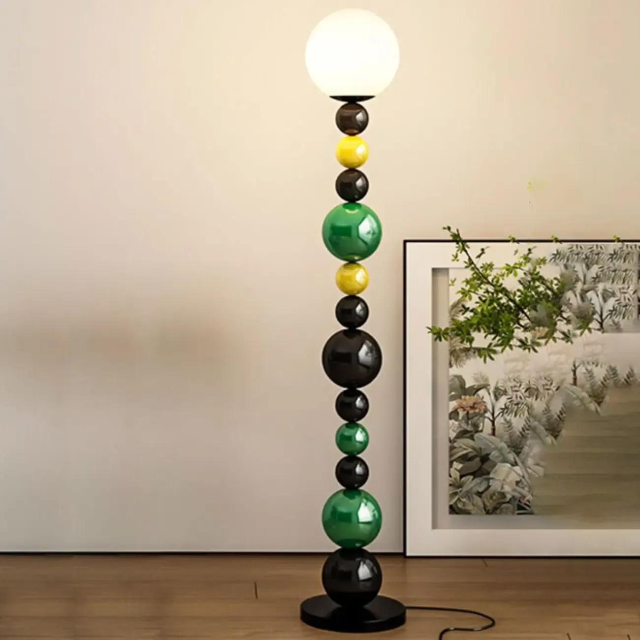 Globe Glass Shade Floor Lamp with Stacked Colorful Balls Image - 4