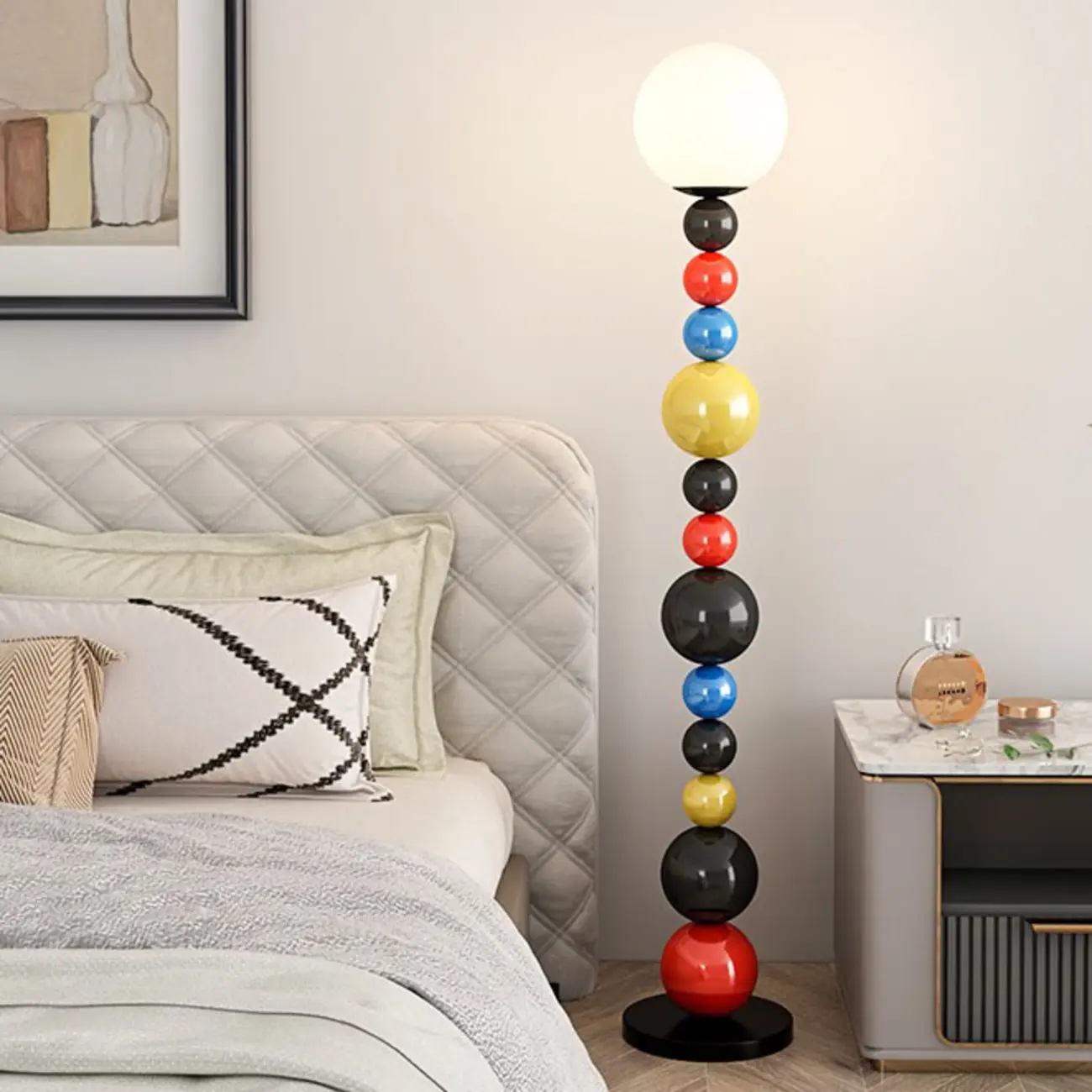 Globe Glass Shade Floor Lamp with Stacked Colorful Balls Image - 11 | homeyfad