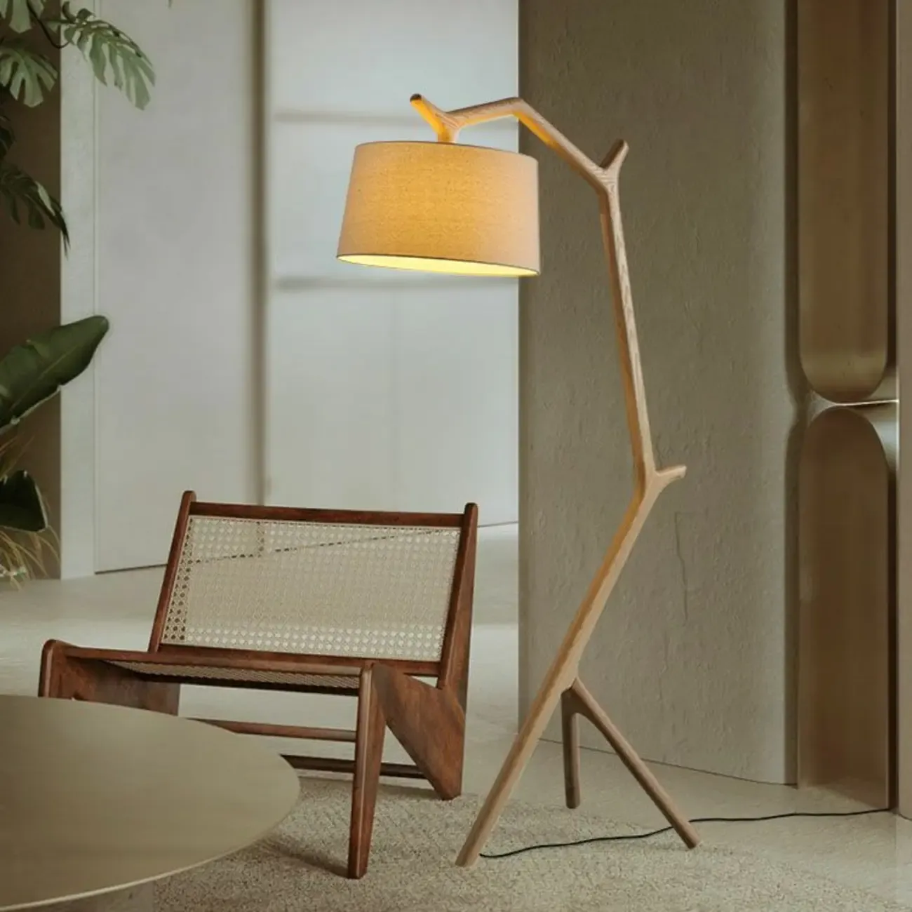 Tripod Wooden Arc Floor Lamp with Fabric Shade for Living Room Image - 6