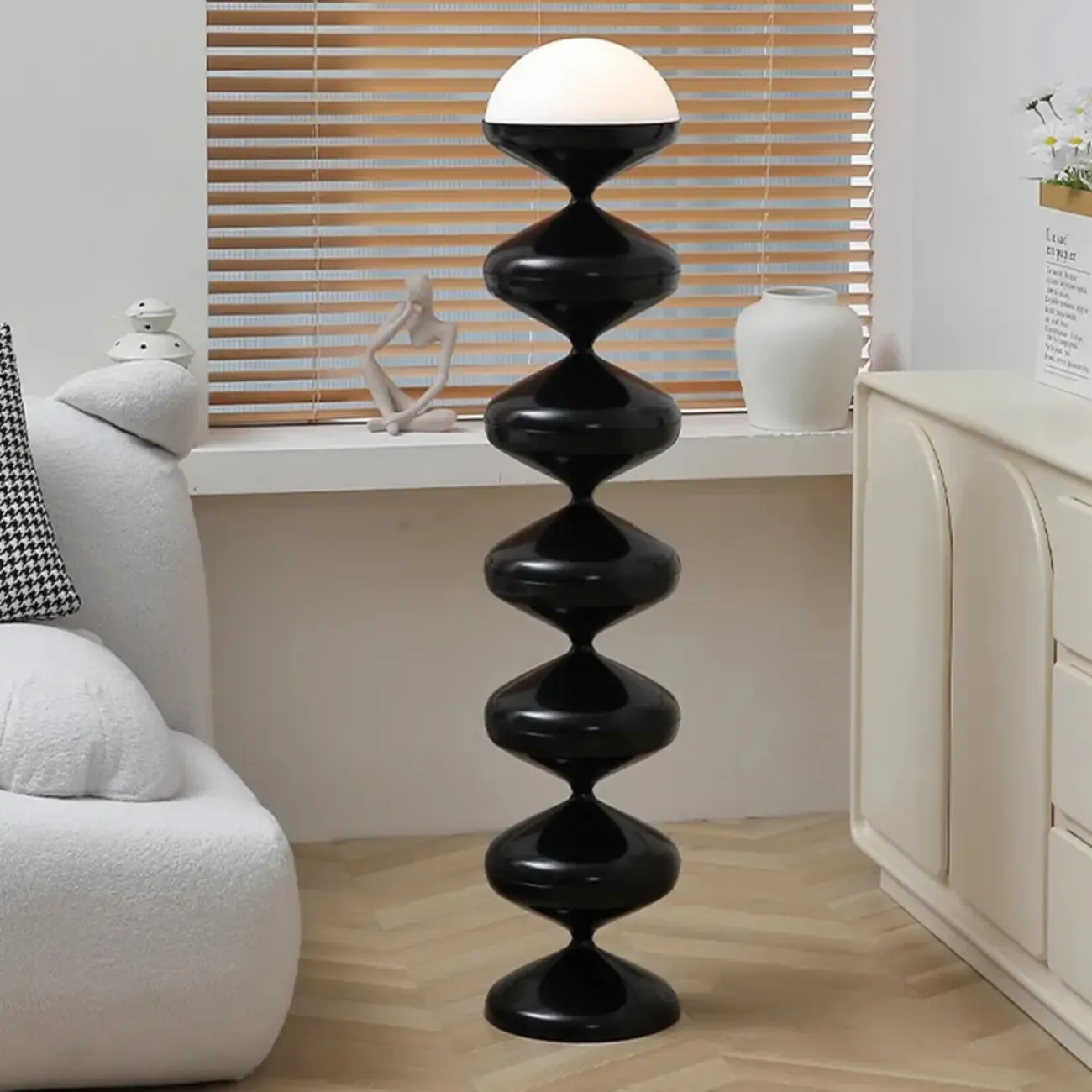 Unique Black Floor Lamp with White Acrylic Dome Shade Image - 1