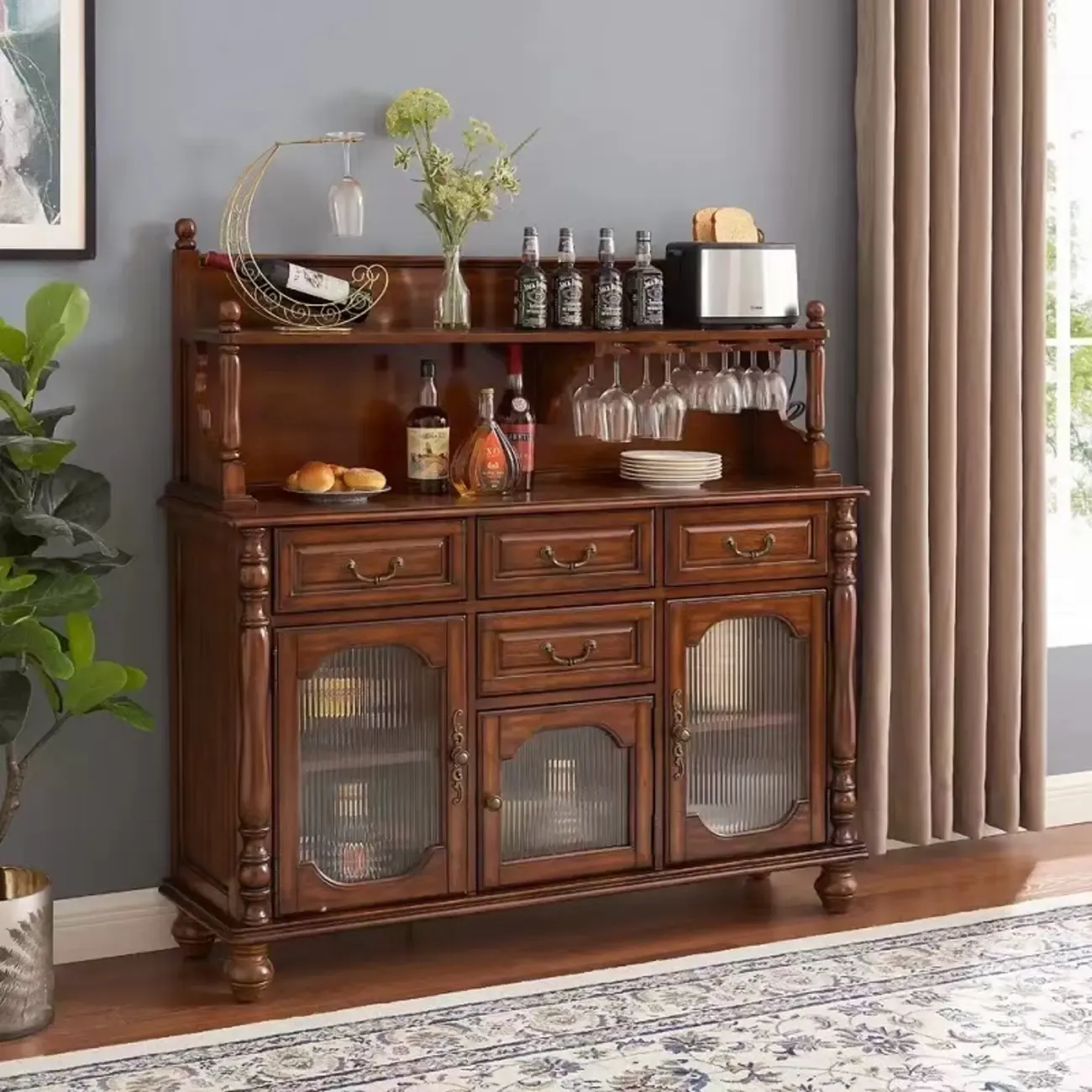 Wine Cabinet Cherry Wood Traditional Bar Glass Holder Image - 2
