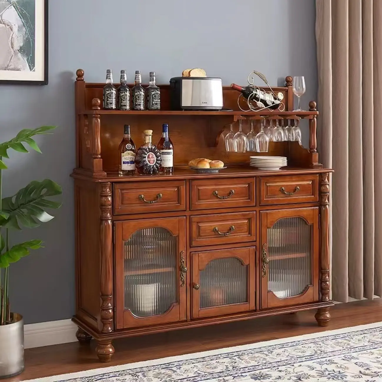 Wine Cabinet Cherry Wood Traditional Bar Glass Holder Image - 1 | homeyfad