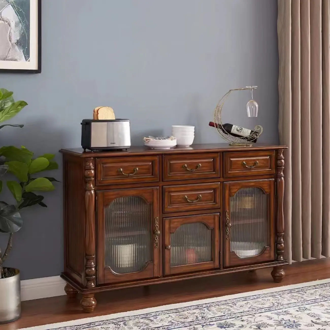 Wine Cabinet Cherry Wood Traditional Bar Glass Holder Image - 3 | homeyfad