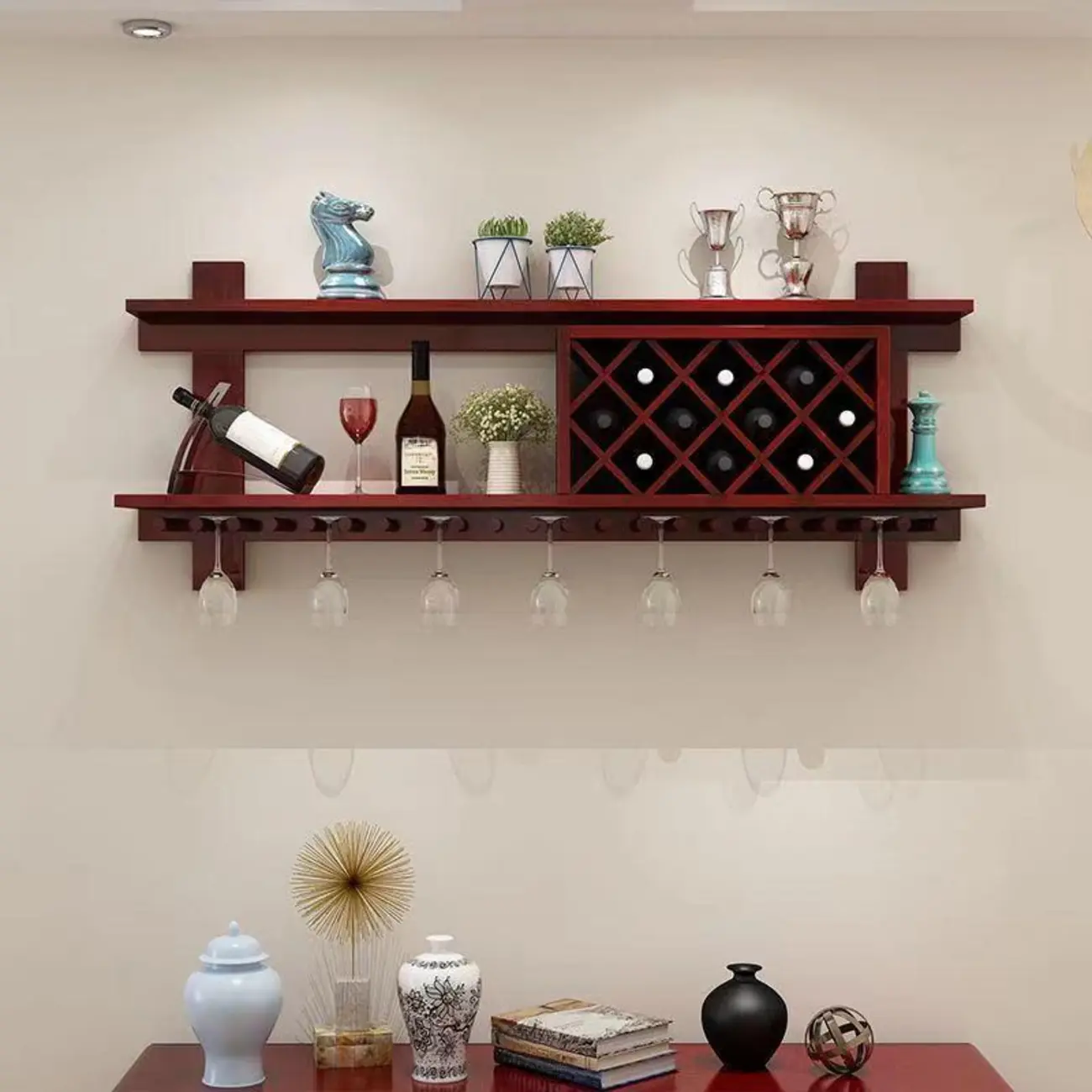 Modern Red Wall Mounted Wooden Wine Rack with Glass Holder Image - 1 | homeyfad