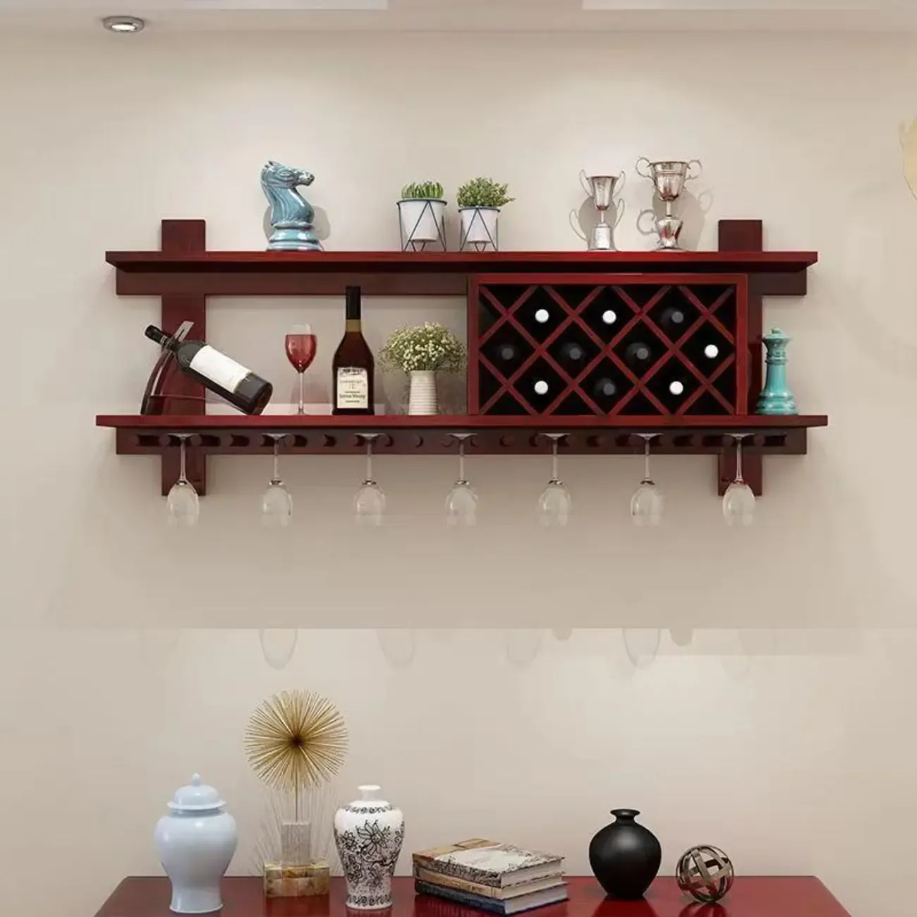 Modern Red Wall Mounted Wooden Wine Rack with Glass Holder Image - 1