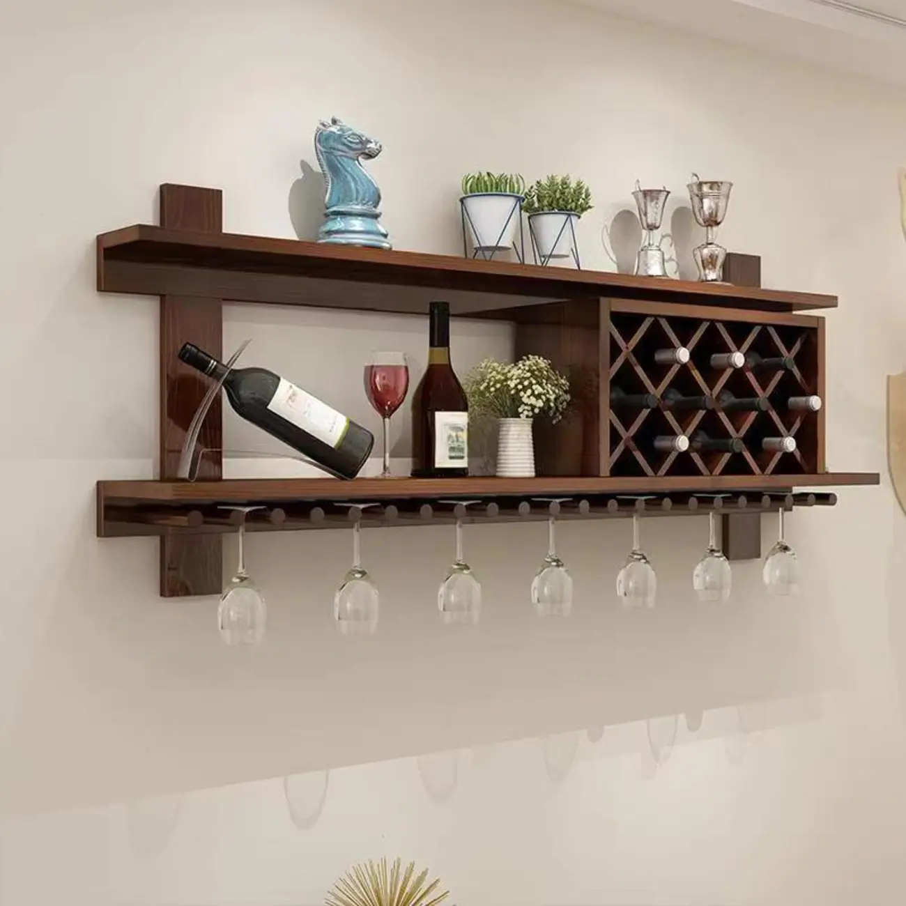 Modern Red Wall Mounted Wooden Wine Rack with Glass Holder Image - 2 | homeyfad