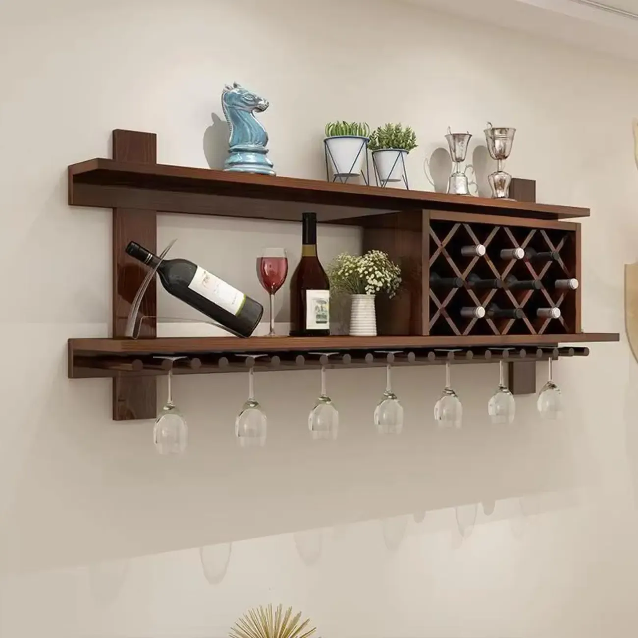 Modern Red Wall Mounted Wooden Wine Rack with Glass Holder Image - 2