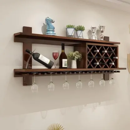 Modern Red Wall Mounted Wooden Wine Rack with Glass Holder Image - 2