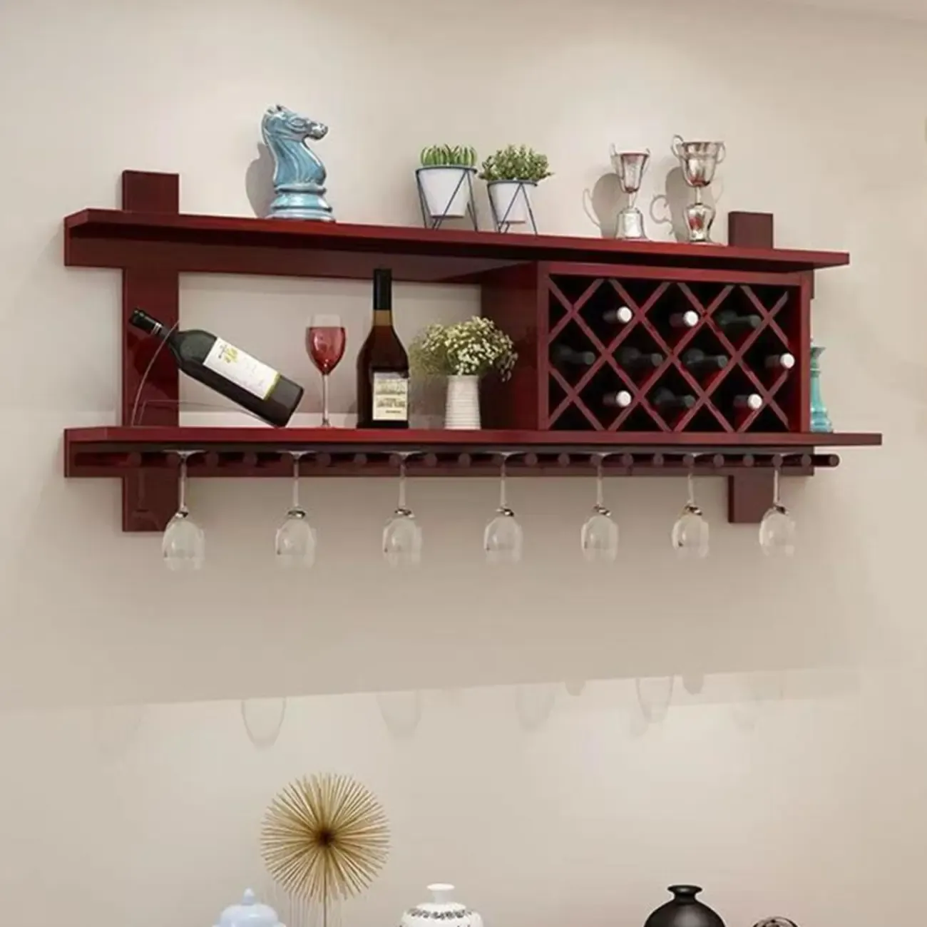 Modern Red Wall Mounted Wooden Wine Rack with Glass Holder Image - 3