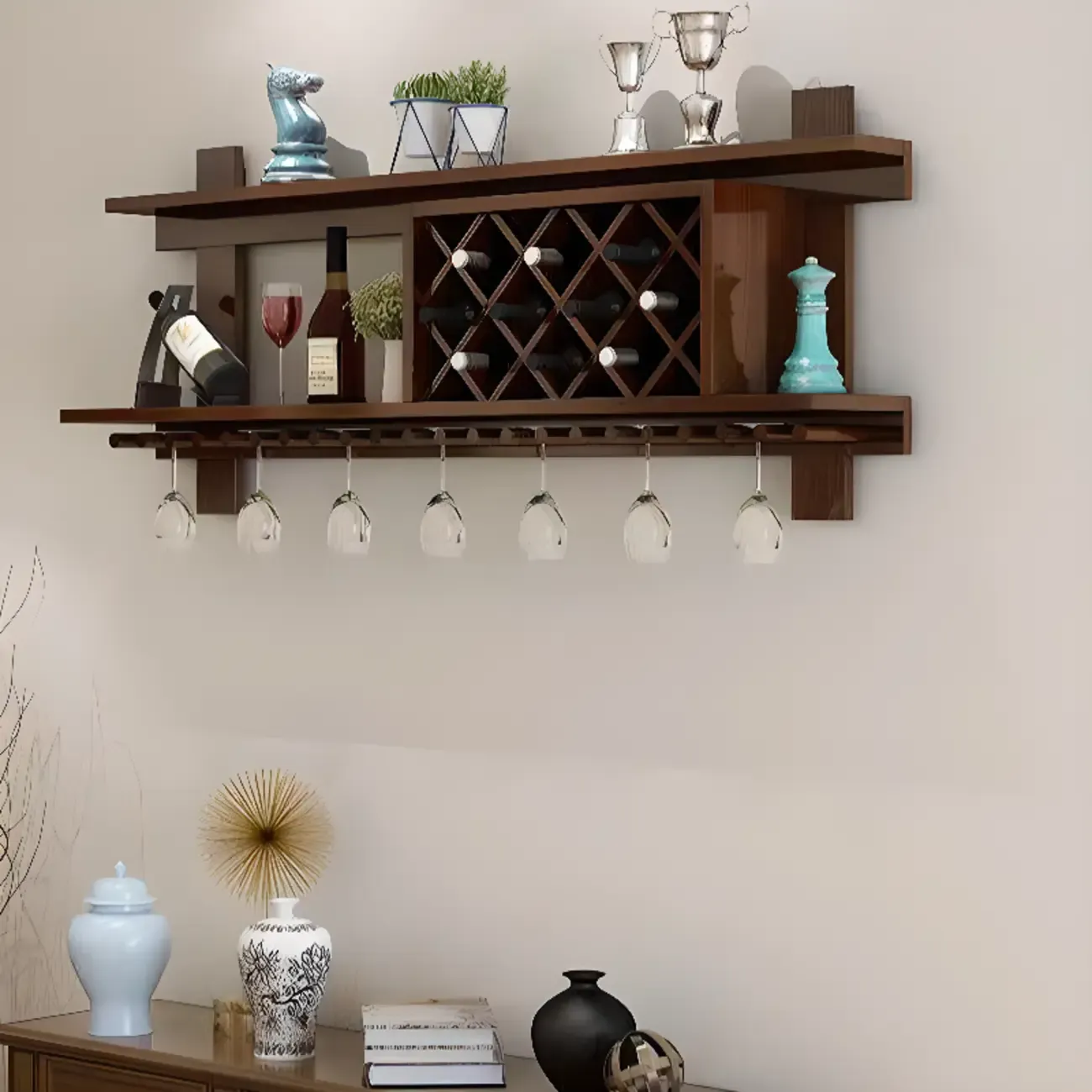 Modern Red Wall Mounted Wooden Wine Rack with Glass Holder Image - 4