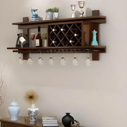 Modern Red Wall Mounted Wooden Wine Rack with Glass Holder Image - 4