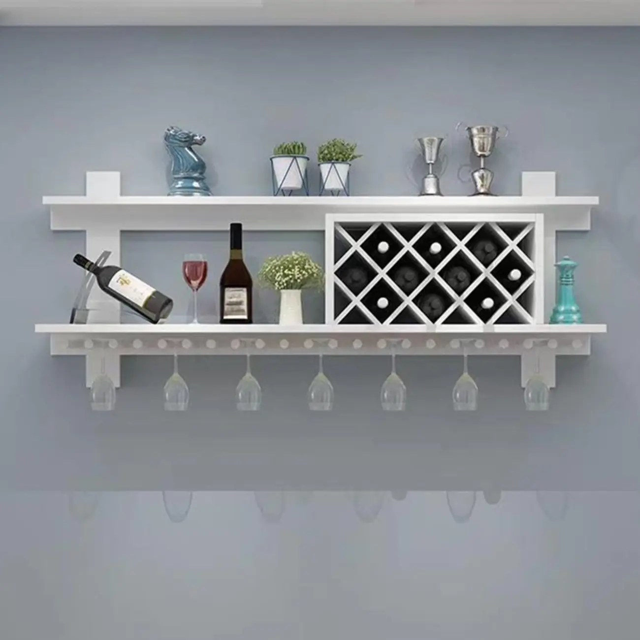 Modern Red Wall Mounted Wooden Wine Rack with Glass Holder Image - 5 | homeyfad