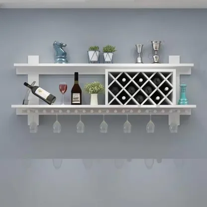 Modern Red Wall Mounted Wooden Wine Rack with Glass Holder Image - 5