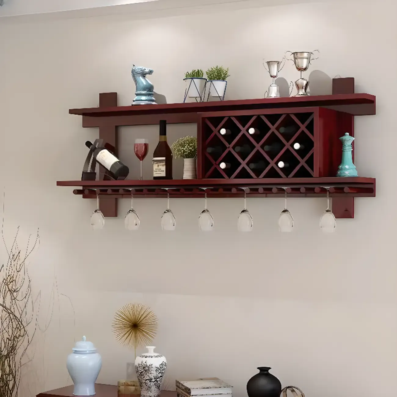 Modern Red Wall Mounted Wooden Wine Rack with Glass Holder Image - 6