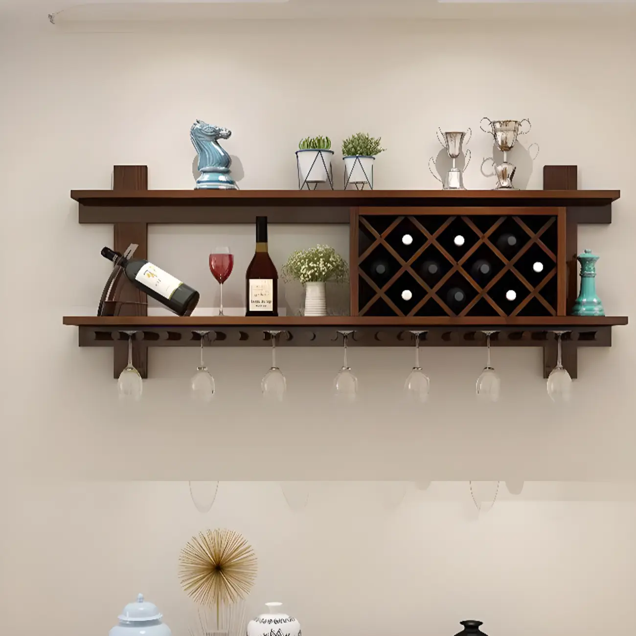 Modern Red Wall Mounted Wooden Wine Rack with Glass Holder Image - 7 | homeyfad