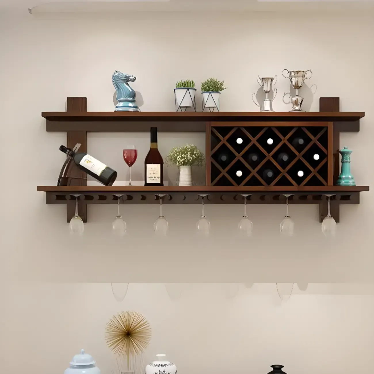 Modern Red Wall Mounted Wooden Wine Rack with Glass Holder Image - 7