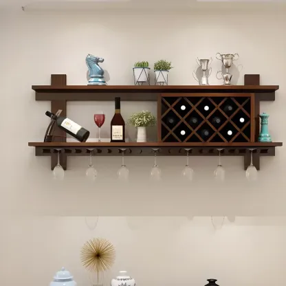 Modern Red Wall Mounted Wooden Wine Rack with Glass Holder Image - 7