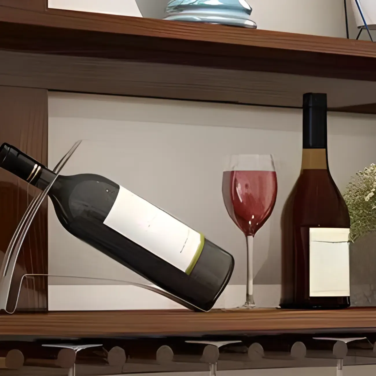 Modern Red Wall Mounted Wooden Wine Rack with Glass Holder Image - 11
