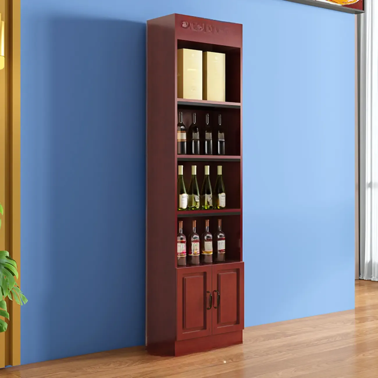 Modern Wooden Wine Cabinet with Doors and Shelf Storage in Red Image - 2