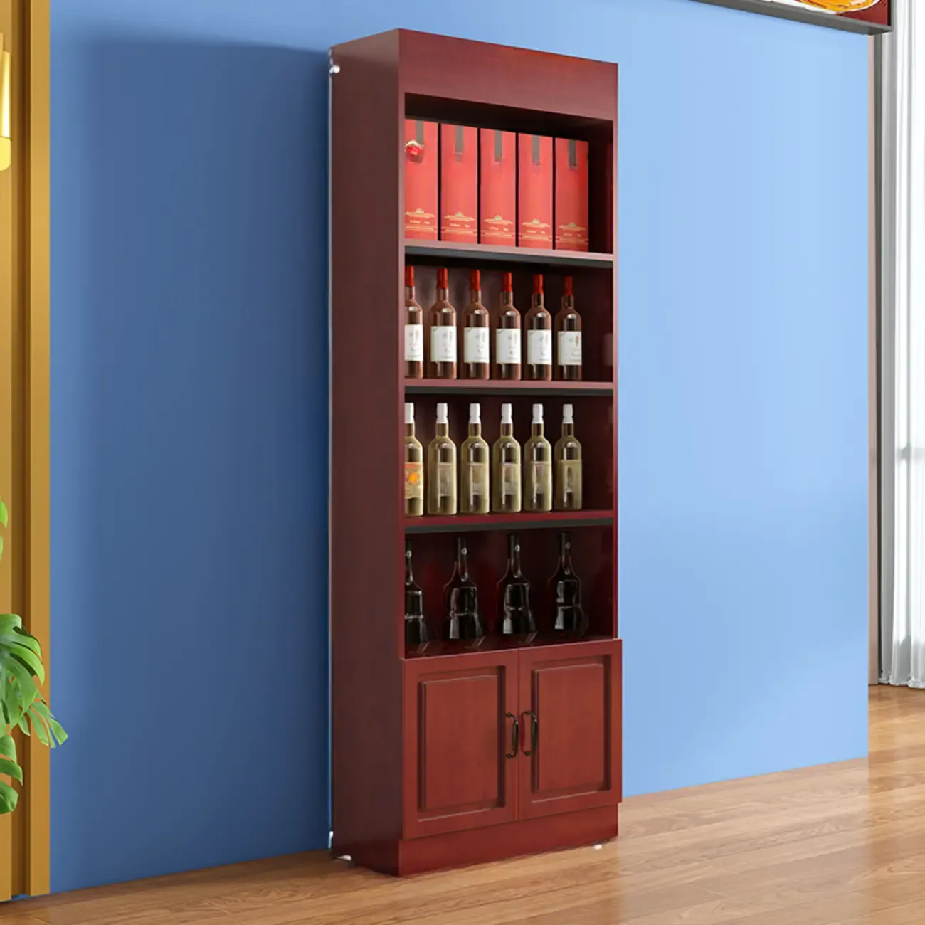 Modern Wooden Wine Cabinet with Doors and Shelf Storage in Red Image - 3
