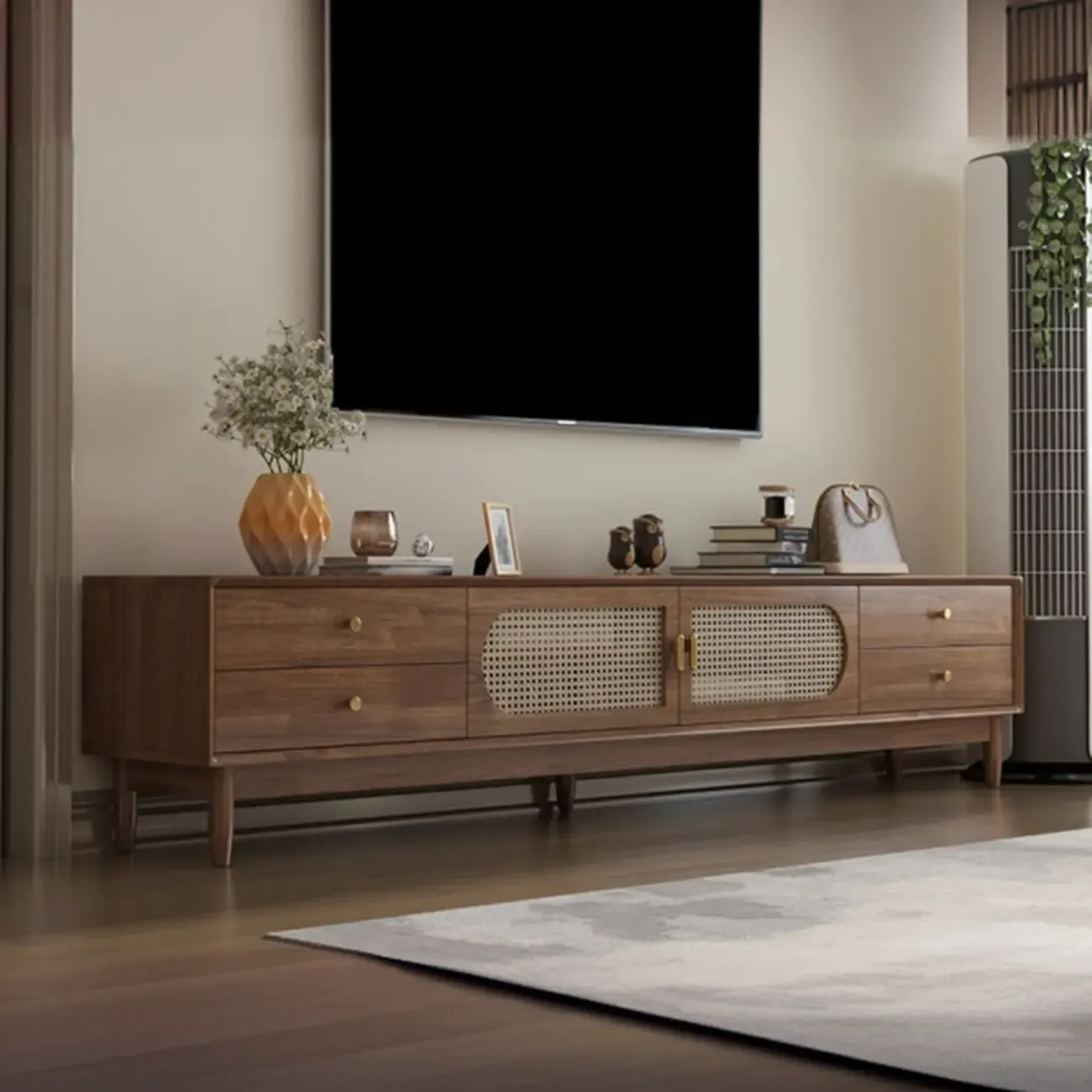 Vintage Brown Wooden TV Stand with 2-Drawers for Living Room