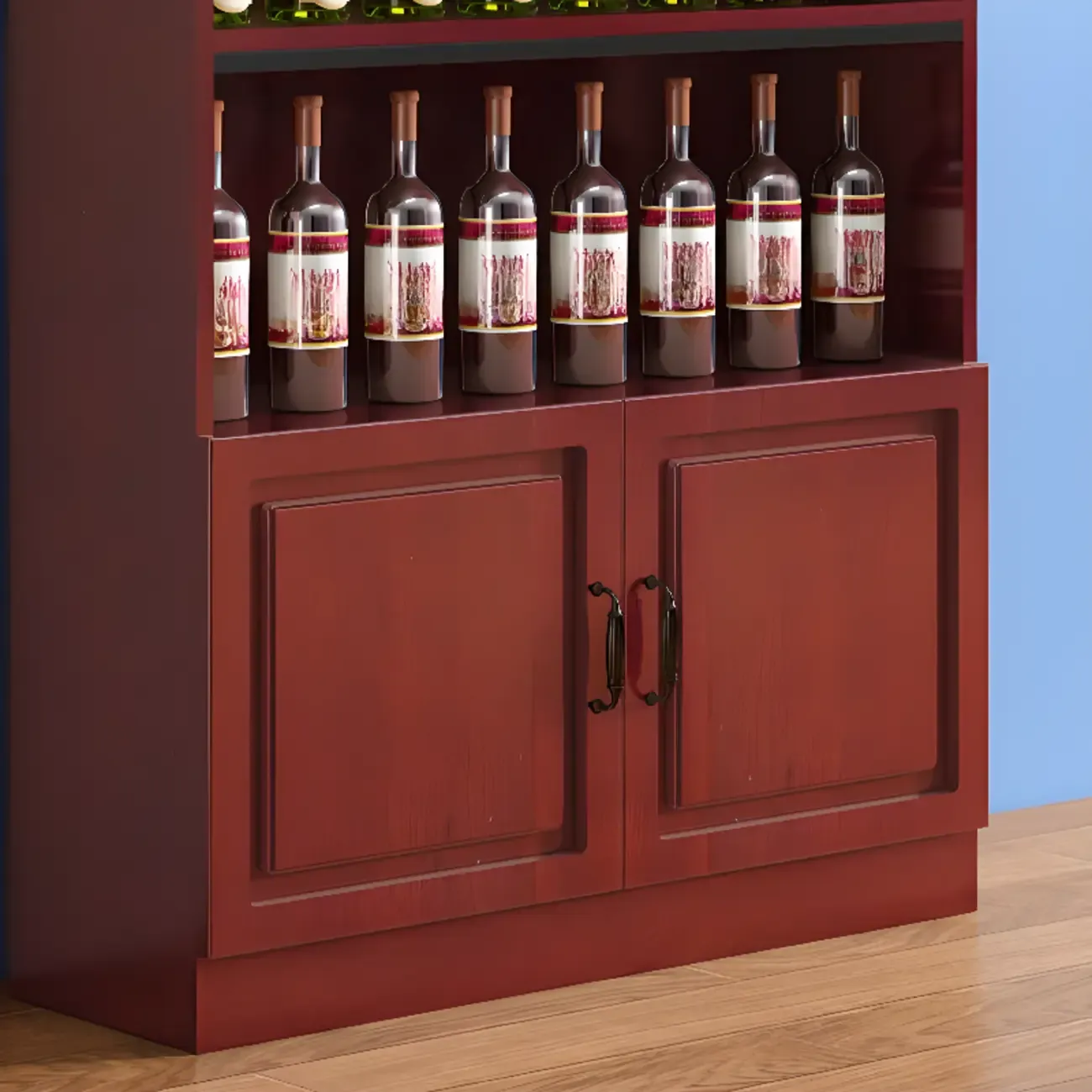 Modern Wooden Wine Cabinet with Doors and Shelf Storage in Red Image - 8