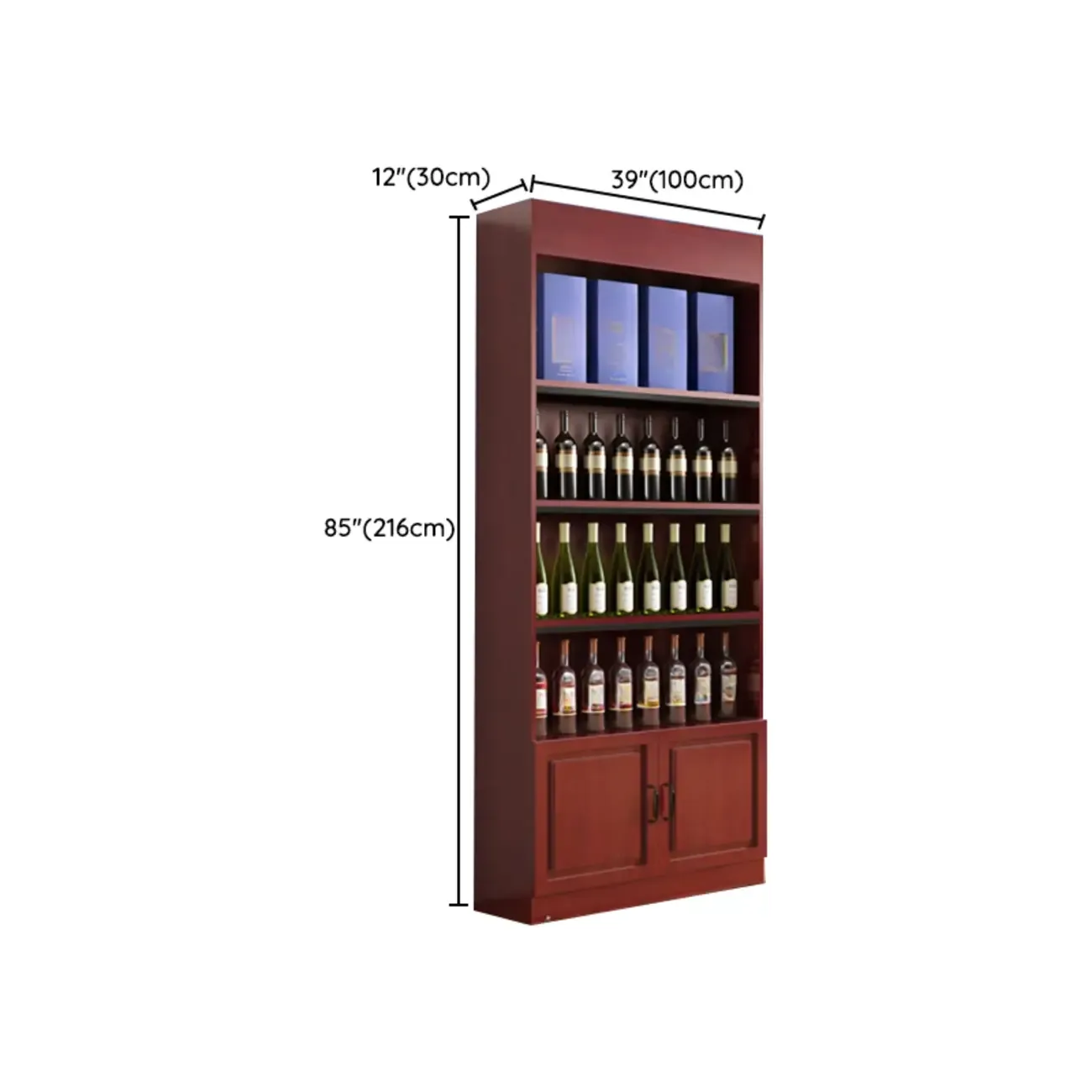 Modern Wooden Wine Cabinet with Doors and Shelf Storage in Red #size