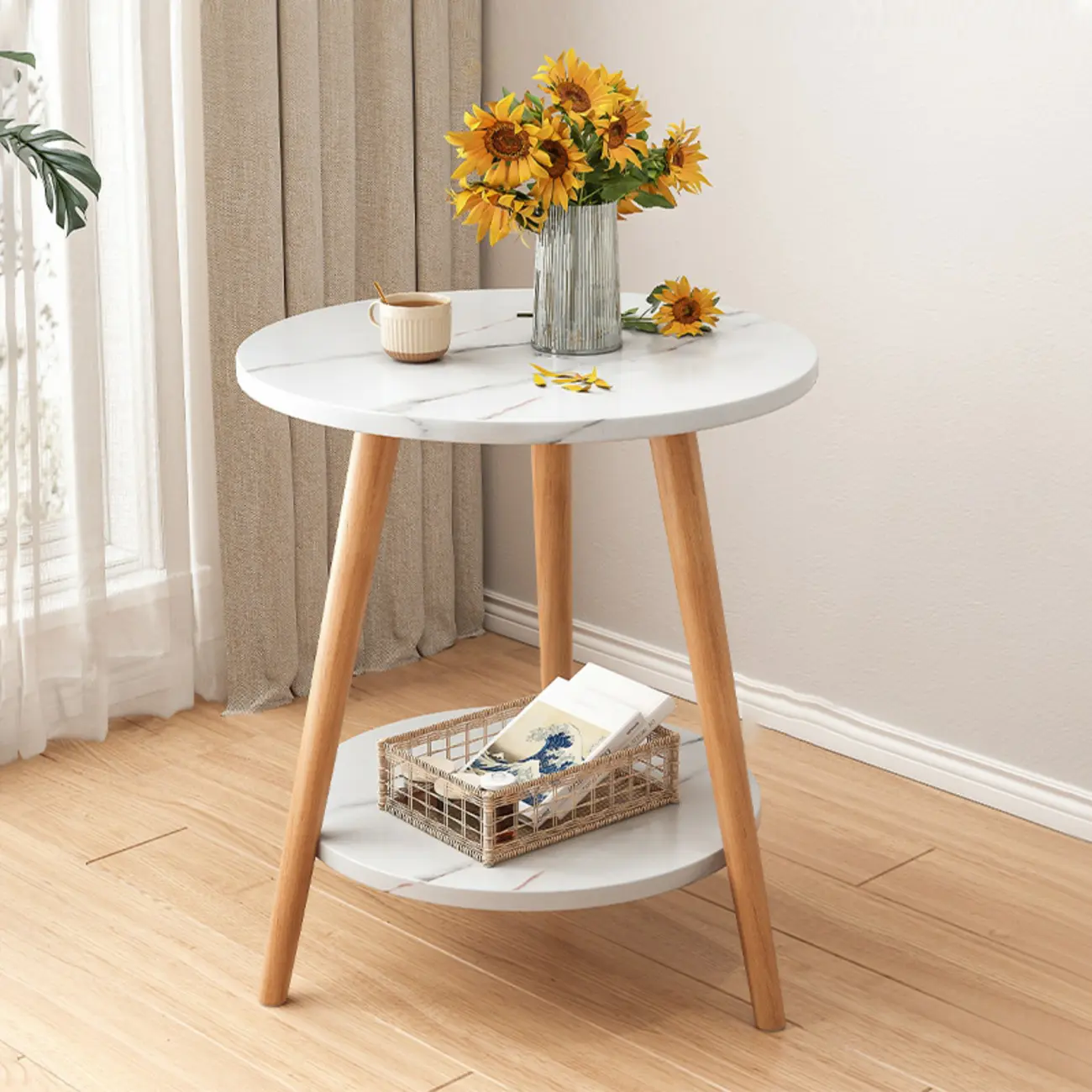 2-Tier Round Wood End Table for Living Room with Storage Image - 1 | homeyfad