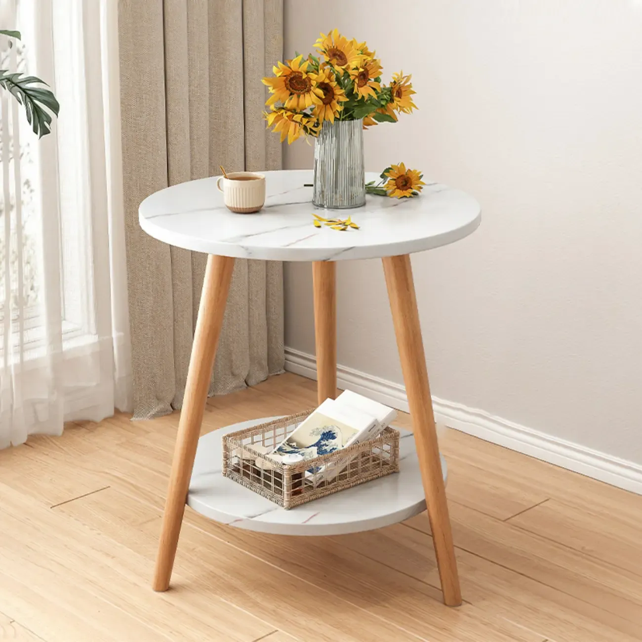 2-Tier Round Wood End Table for Living Room with Storage Image - 1