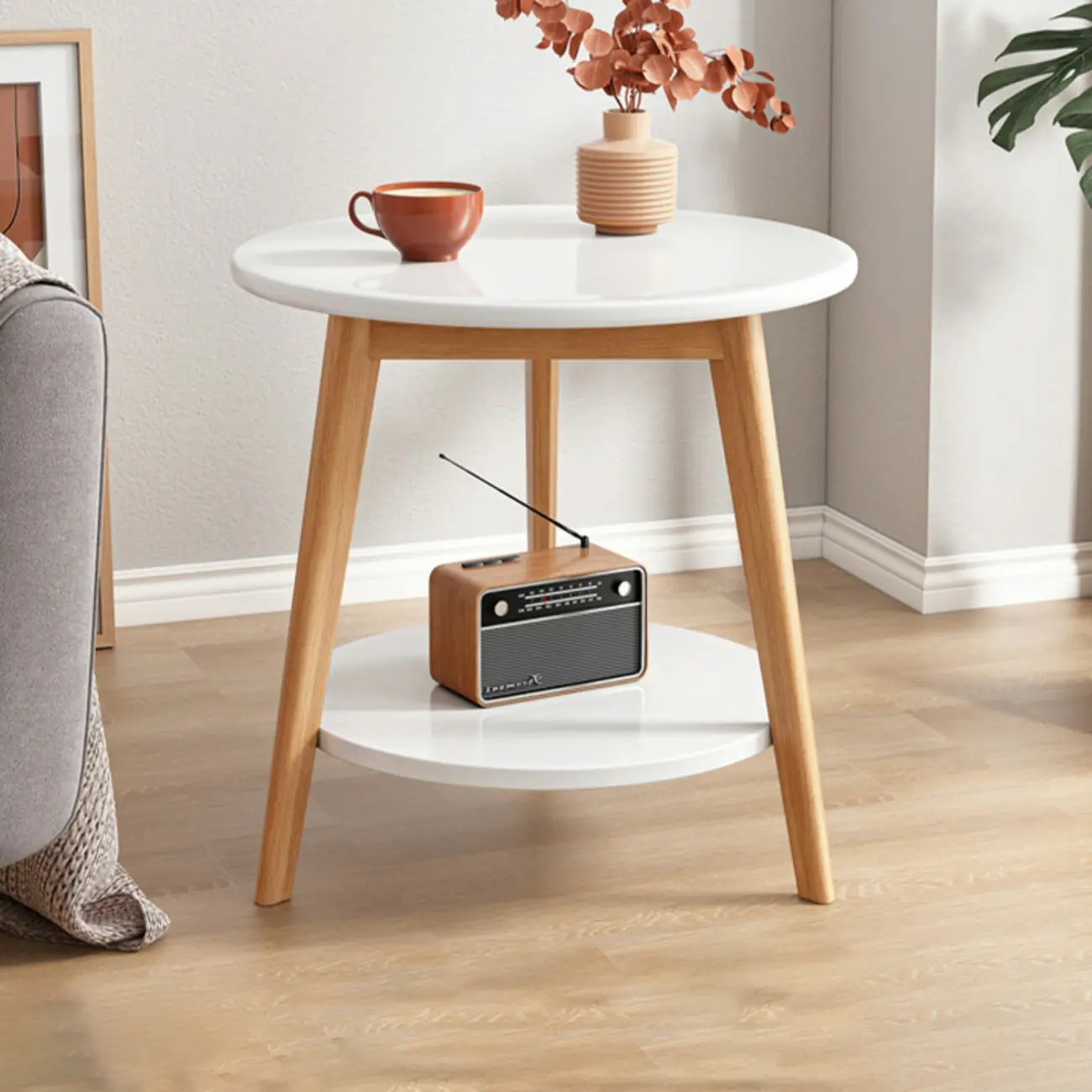 2-Tier Round Wood End Table for Living Room with Storage Image - 2 | homeyfad