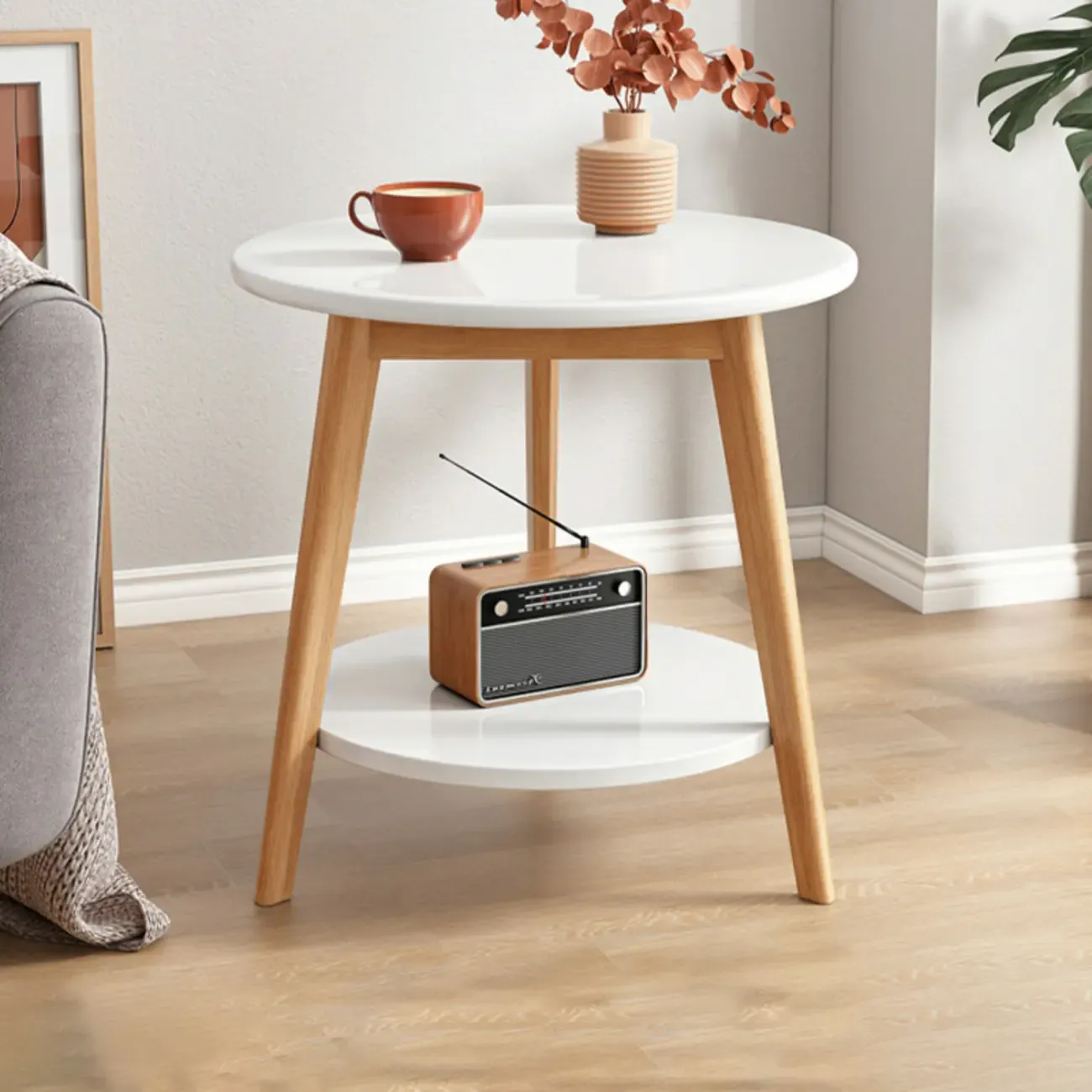 2-Tier Round Wood End Table for Living Room with Storage Image - 2