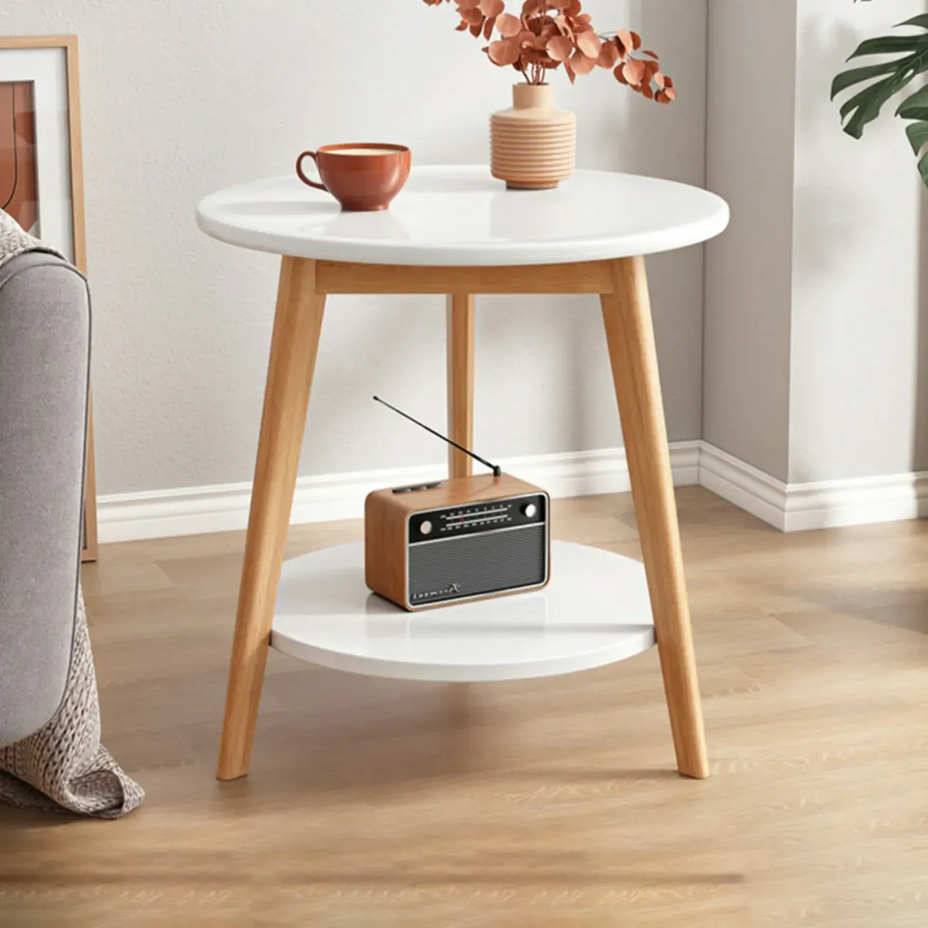 2-Tier Round Wood End Table for Living Room with Storage Image - 4