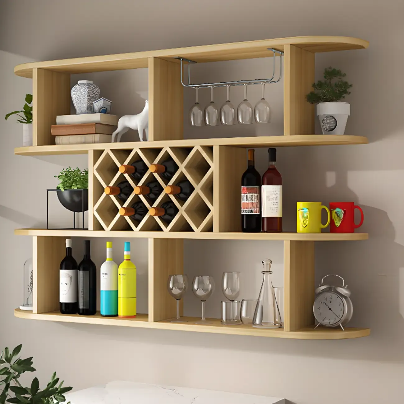 Modern Wooden Wall Mounted Wine Rack with Glass Holder Image - 1