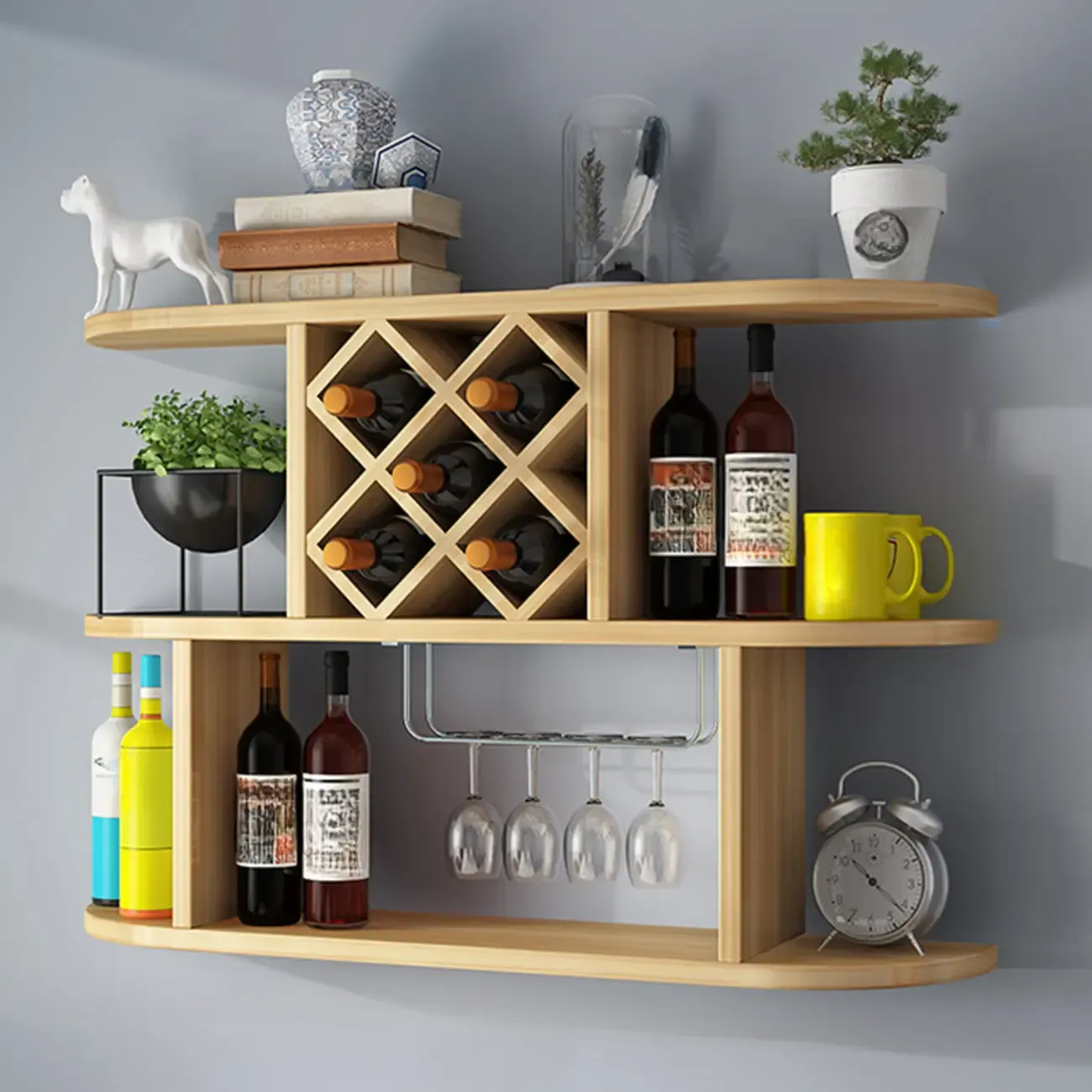 Modern Wooden Wall Mounted Wine Rack with Glass Holder Image - 2