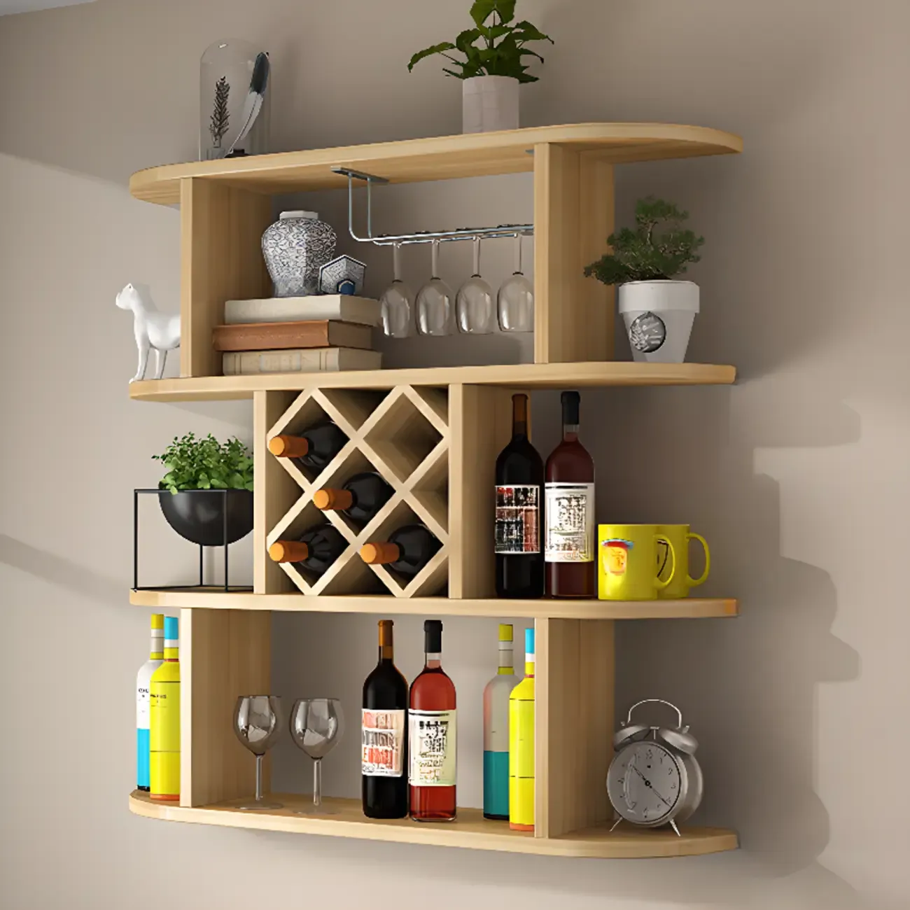 Modern Wooden Wall Mounted Wine Rack with Glass Holder Image - 3