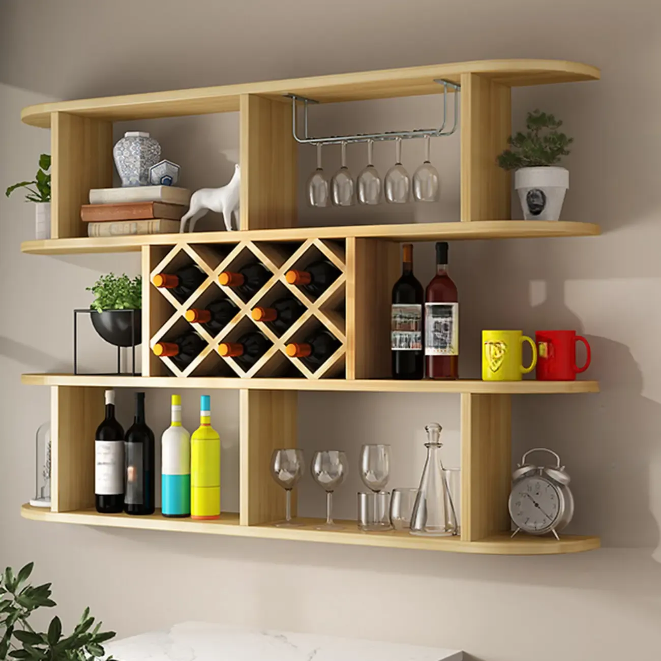 Modern Wooden Wall Mounted Wine Rack with Glass Holder Image - 4
