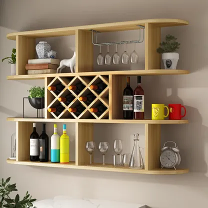 Modern Wooden Wall Mounted Wine Rack with Glass Holder Image - 4