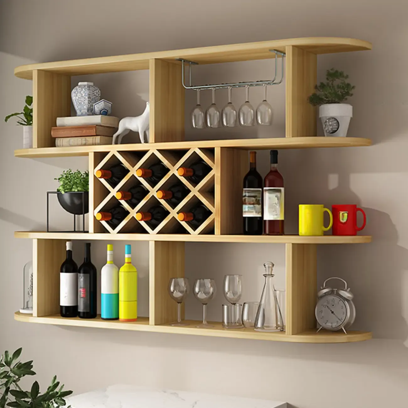 Modern Wooden Wall Mounted Wine Rack with Glass Holder Image - 5