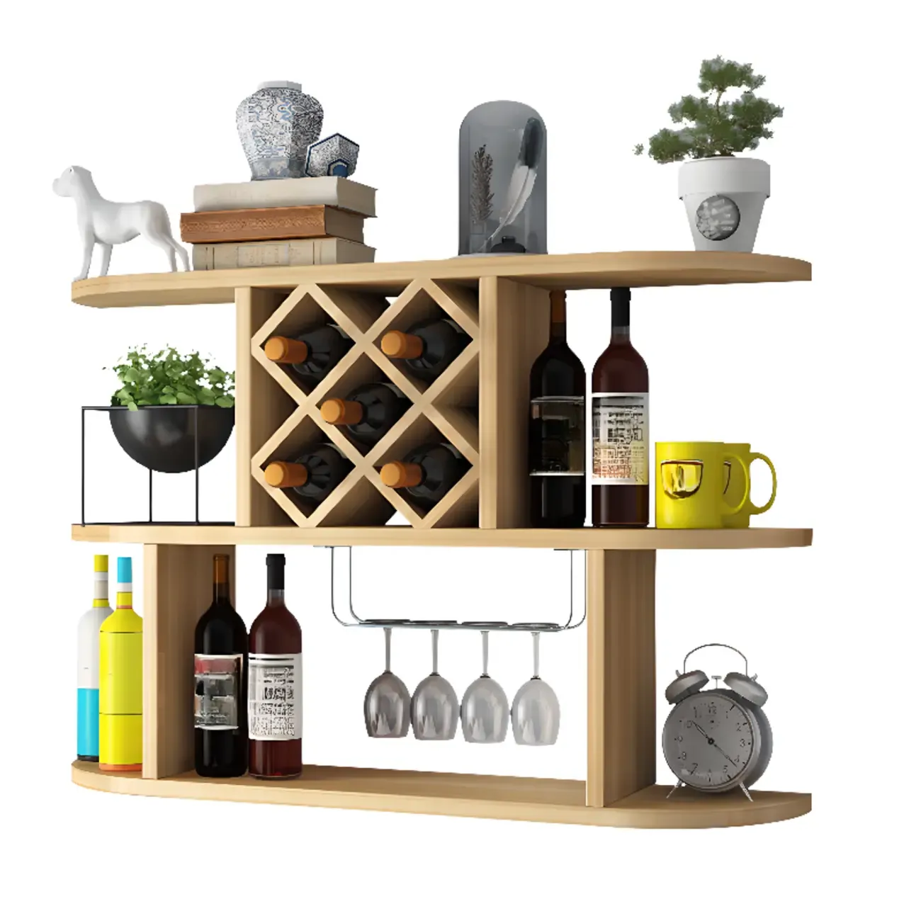 Modern Wooden Wall Mounted Wine Rack with Glass Holder Image - 6