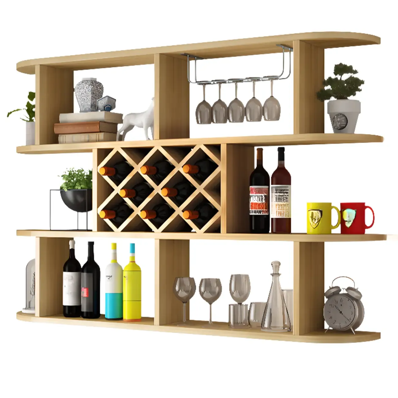 Modern Wooden Wall Mounted Wine Rack with Glass Holder Image - 7