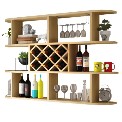 Modern Wooden Wall Mounted Wine Rack with Glass Holder Image - 7