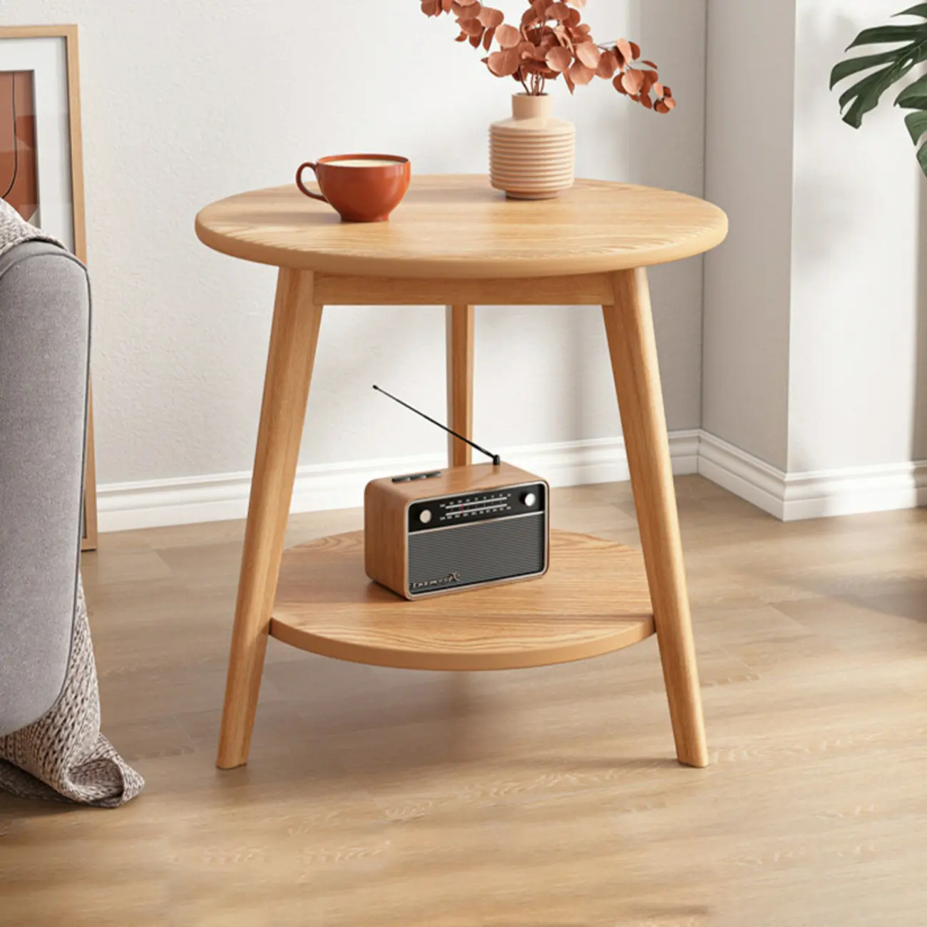 2-Tier Round Wood End Table for Living Room with Storage Image - 14 | homeyfad