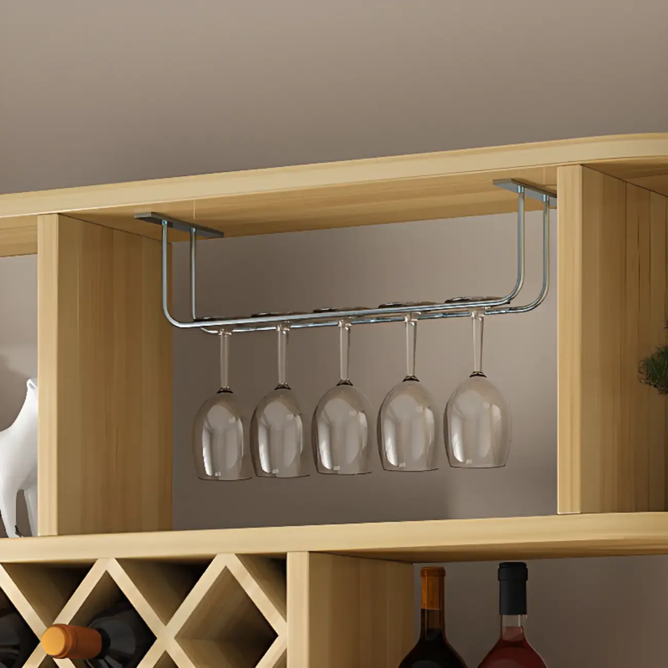 Modern Wooden Wall Mounted Wine Rack with Glass Holder Image - 8