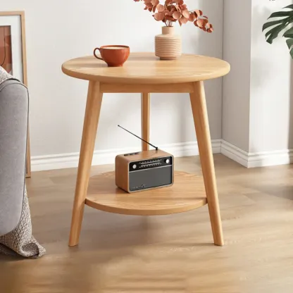 2-Tier Round Wood End Table for Living Room with Storage Image - 15