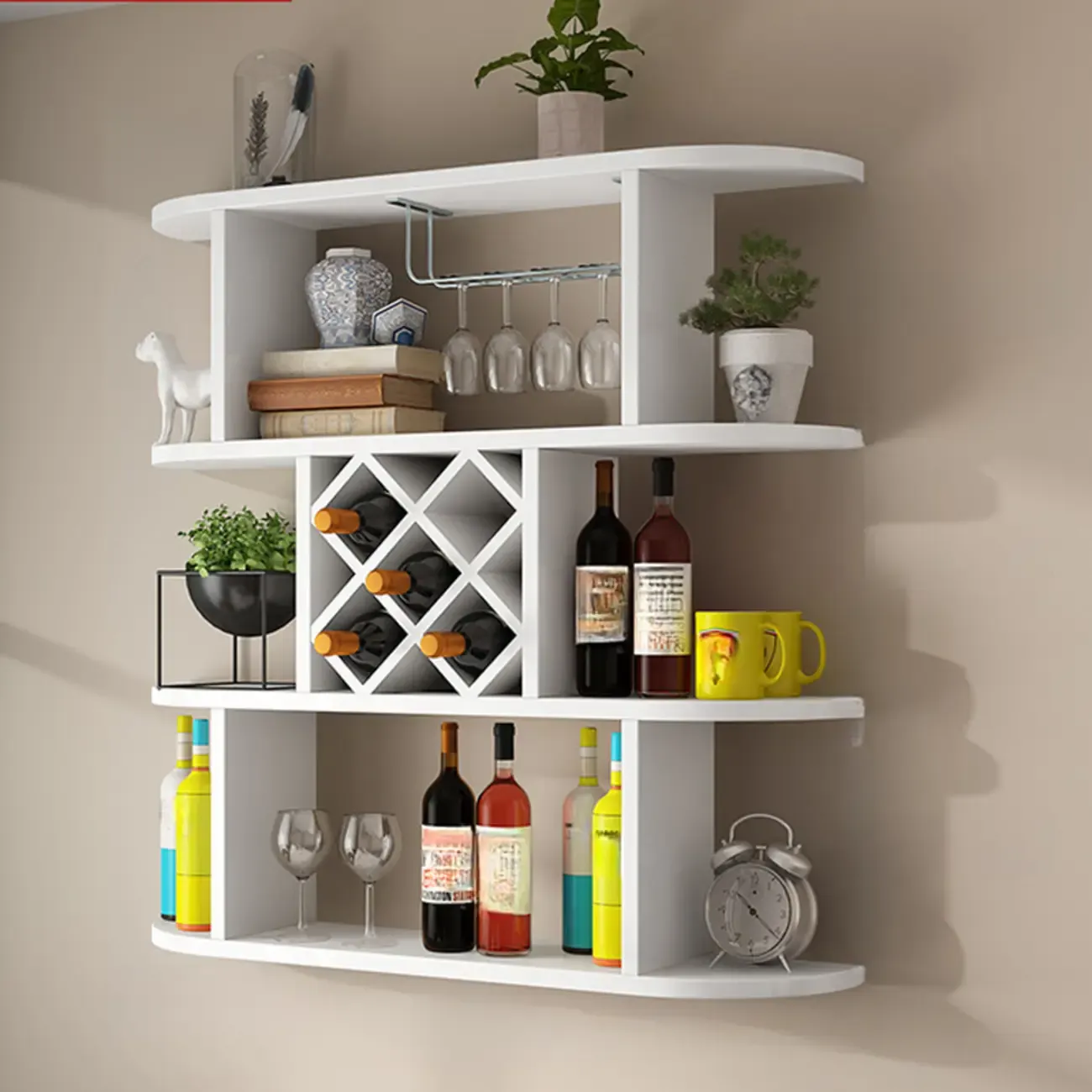 Modern Wooden Wall Mounted Wine Rack with Glass Holder Image - 10