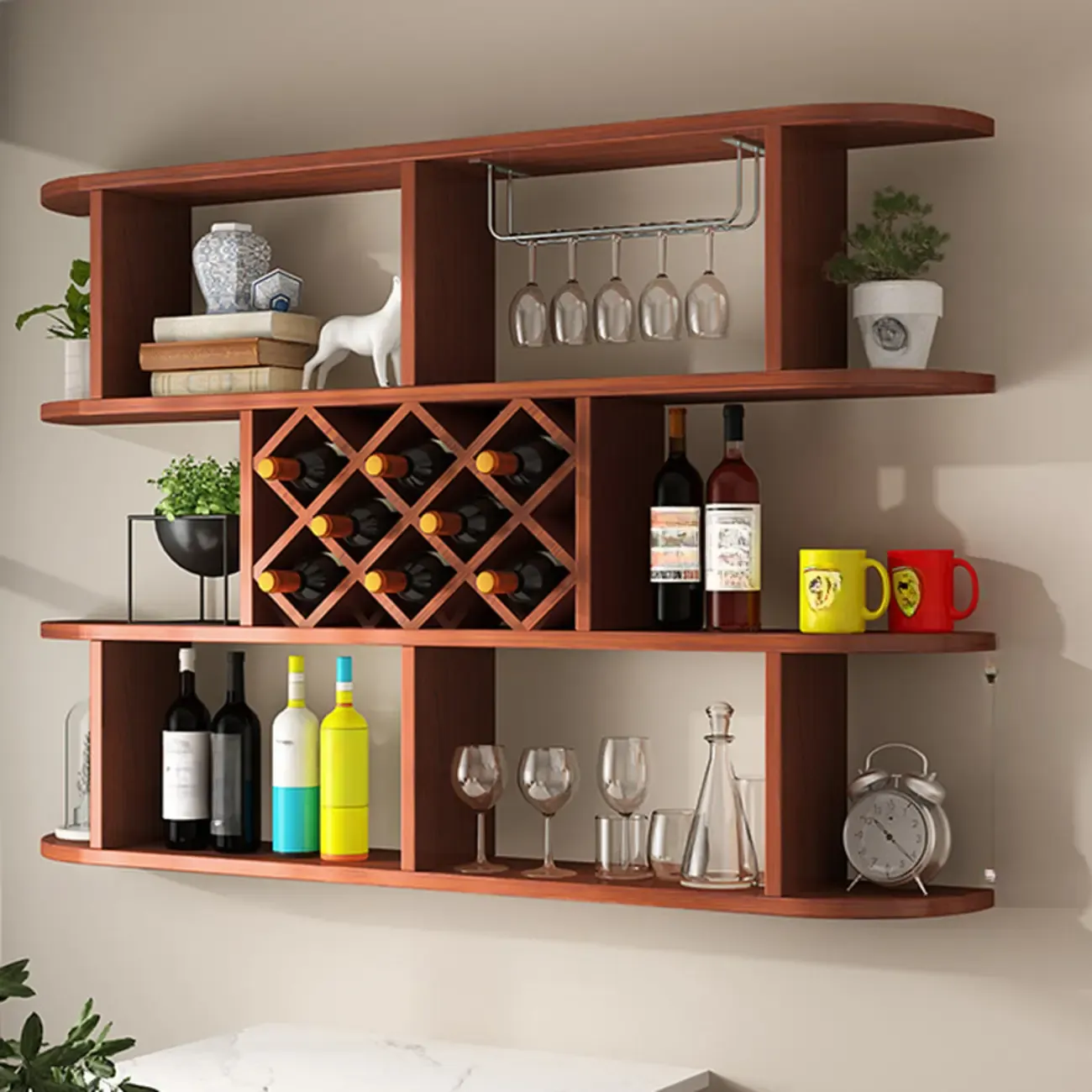 Modern Wooden Wall Mounted Wine Rack with Glass Holder Image - 11