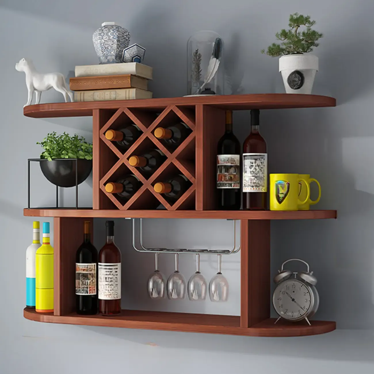 Modern Wooden Wall Mounted Wine Rack with Glass Holder Image - 12
