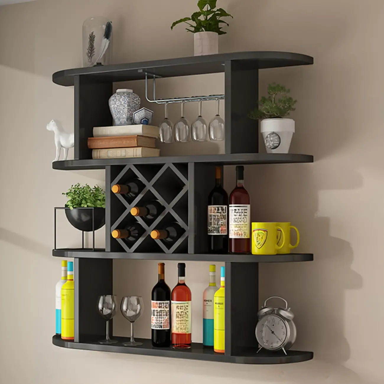 Modern Wooden Wall Mounted Wine Rack with Glass Holder Image - 13