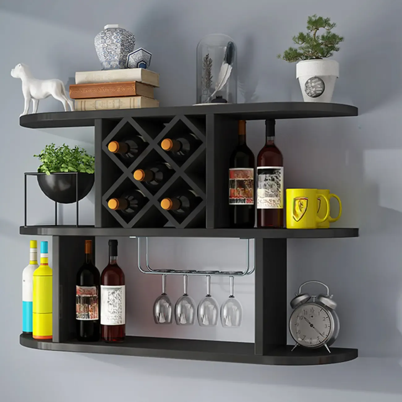Modern Wooden Wall Mounted Wine Rack with Glass Holder Image - 14