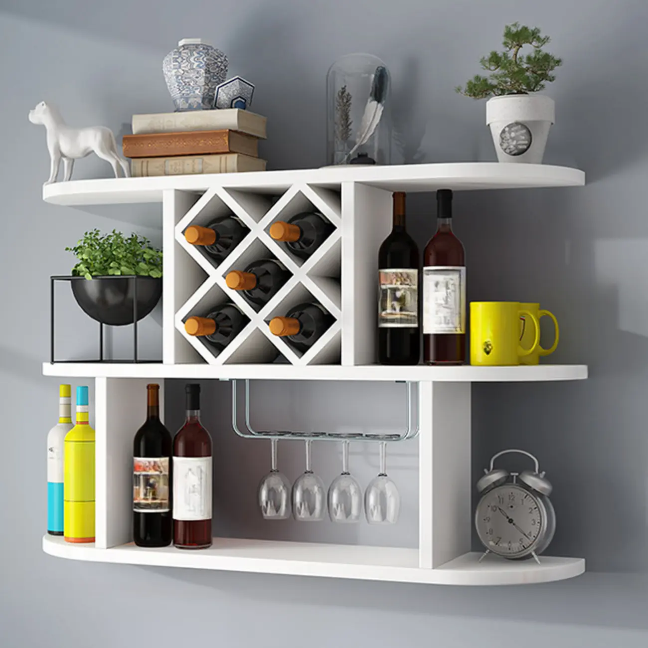 Modern Wooden Wall Mounted Wine Rack with Glass Holder Image - 15 | homeyfad